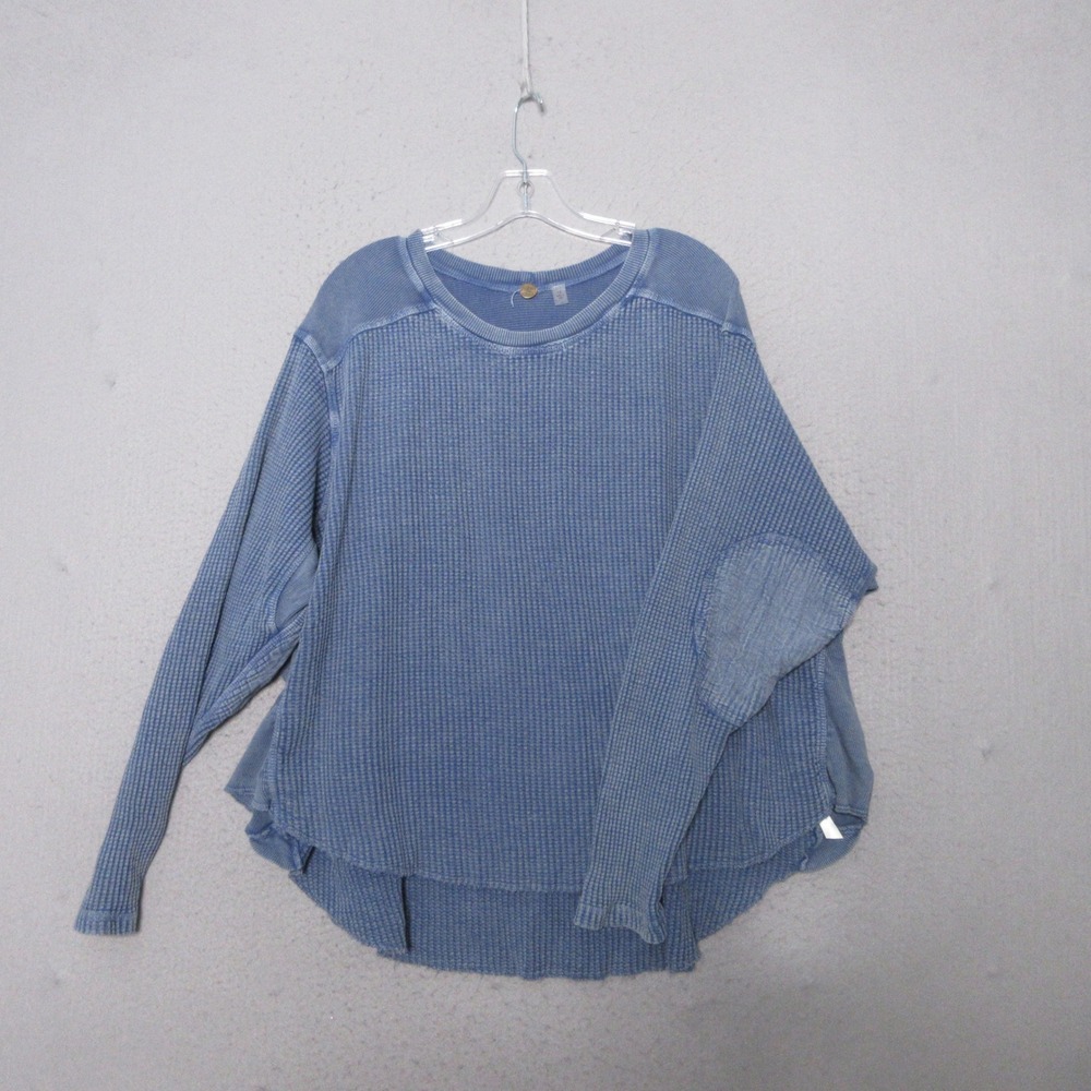 FP One Free People Top S Blue Waffle Knit Thermal Elbow Patch Oversized Grunge